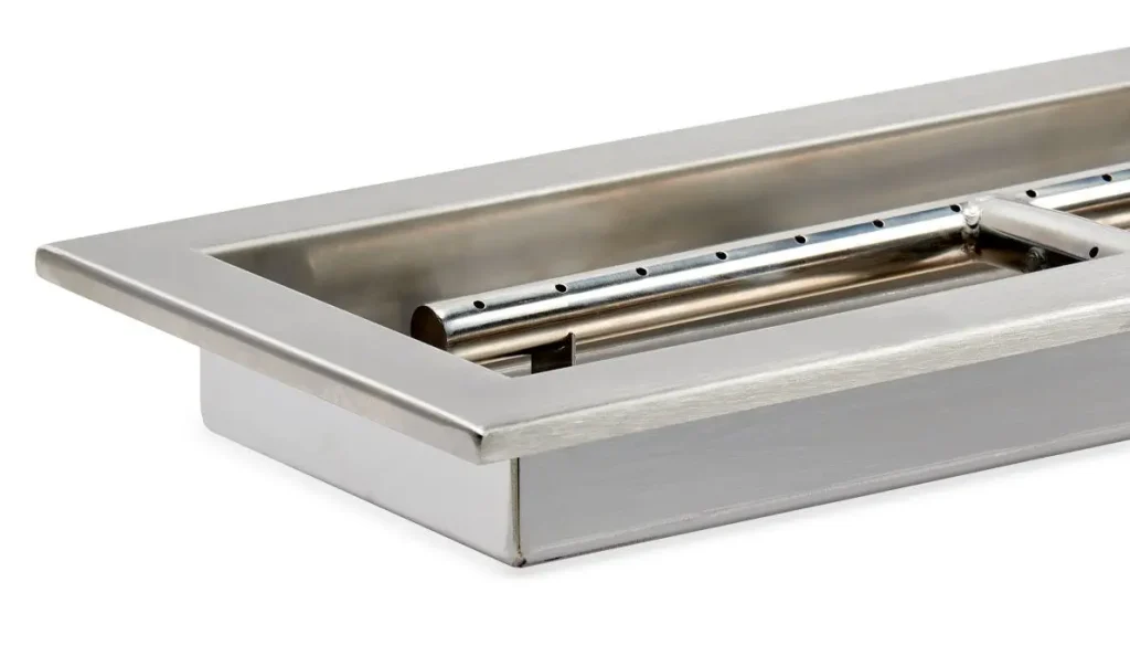 Stainless steel gas fire pit pan with welded burner, showing durable construction and corrosion resistance.