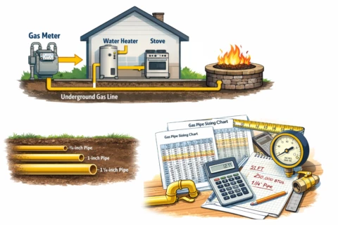 Gas meter to outdoor fire pit underground pipe line diagram and sizing chart