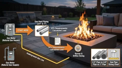 Diagram outlining gas meter supply lines, hard piping diameter sizing, BTU load calculations, and burner orifice requirements for outdoor gas fire pits.