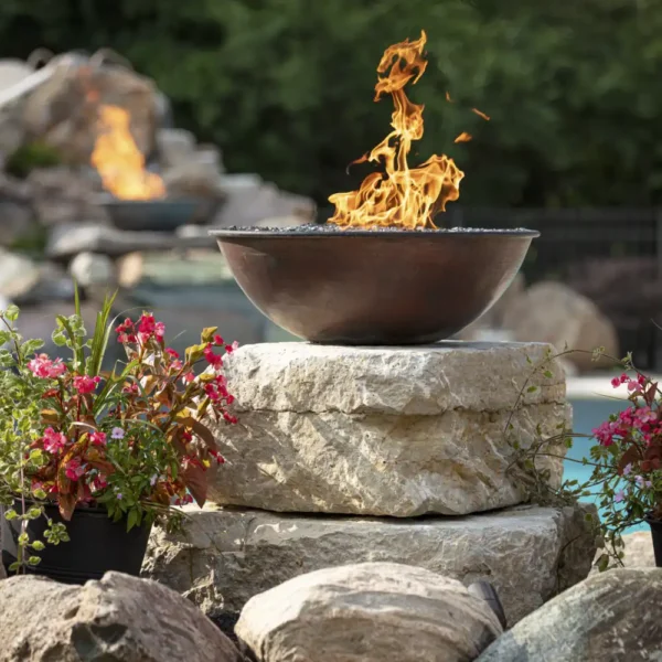 Hammered copper Tempe Fire Bowl poolside