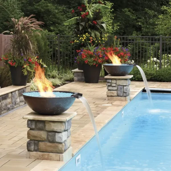 Hammered copper Tempe Fire & Water Bowl poolside