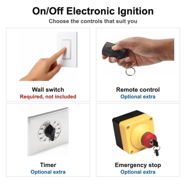 HPC On/Off electronic ignition: choose your controls. Wall switch required but not included; remote control, timer and emergency stop are optional extras