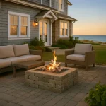 Driftwood Ceramic Gas Fire Log Set in a lit fire pit at dusk in the back yard